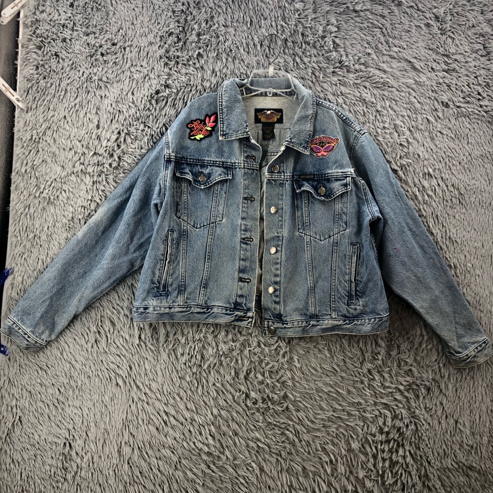 Harley Davidson Jacket Womens 2W Blue Vintage Denim Jean Spellout Motorcycle